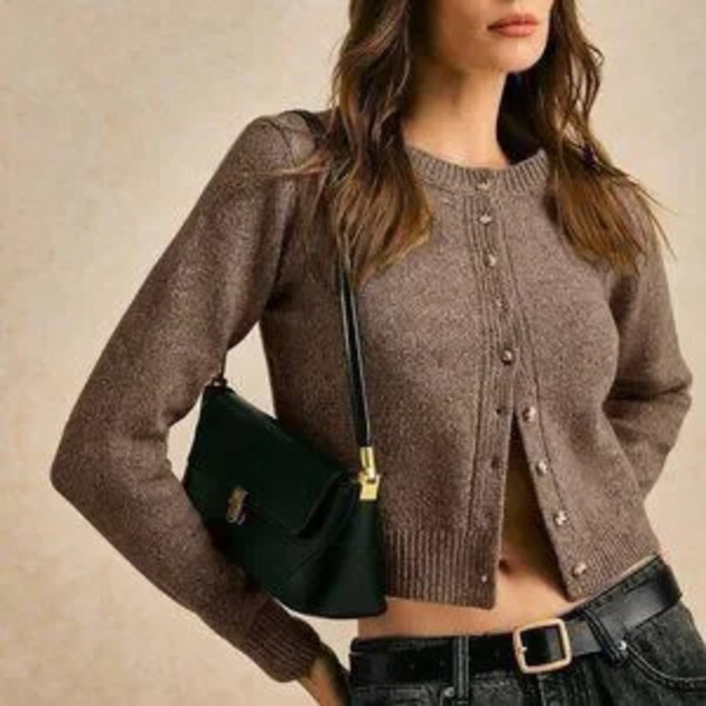 ZARA Coffee Brown Casual Women's Long Sleeve Single-Breasted Cardigan